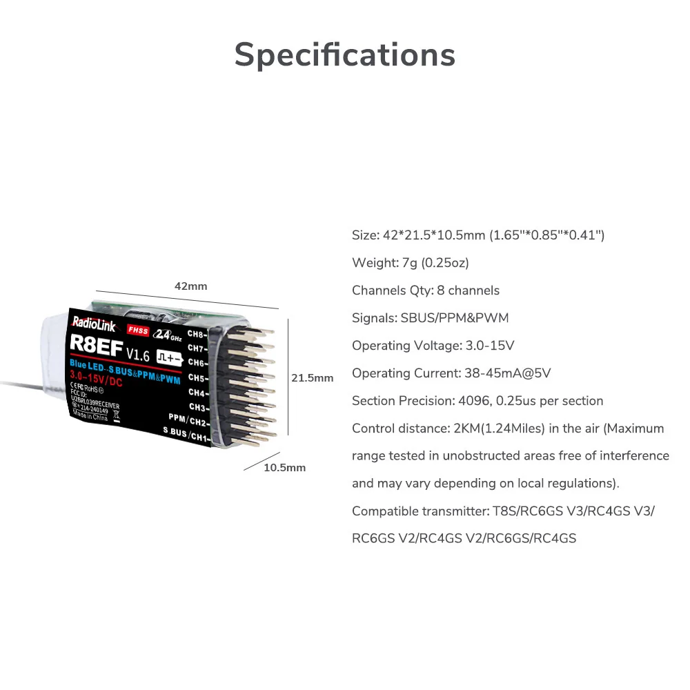 Receptor Radiolink R8EF 2.4G 8 - Receiver Sbus 8Ch avaliação e preço